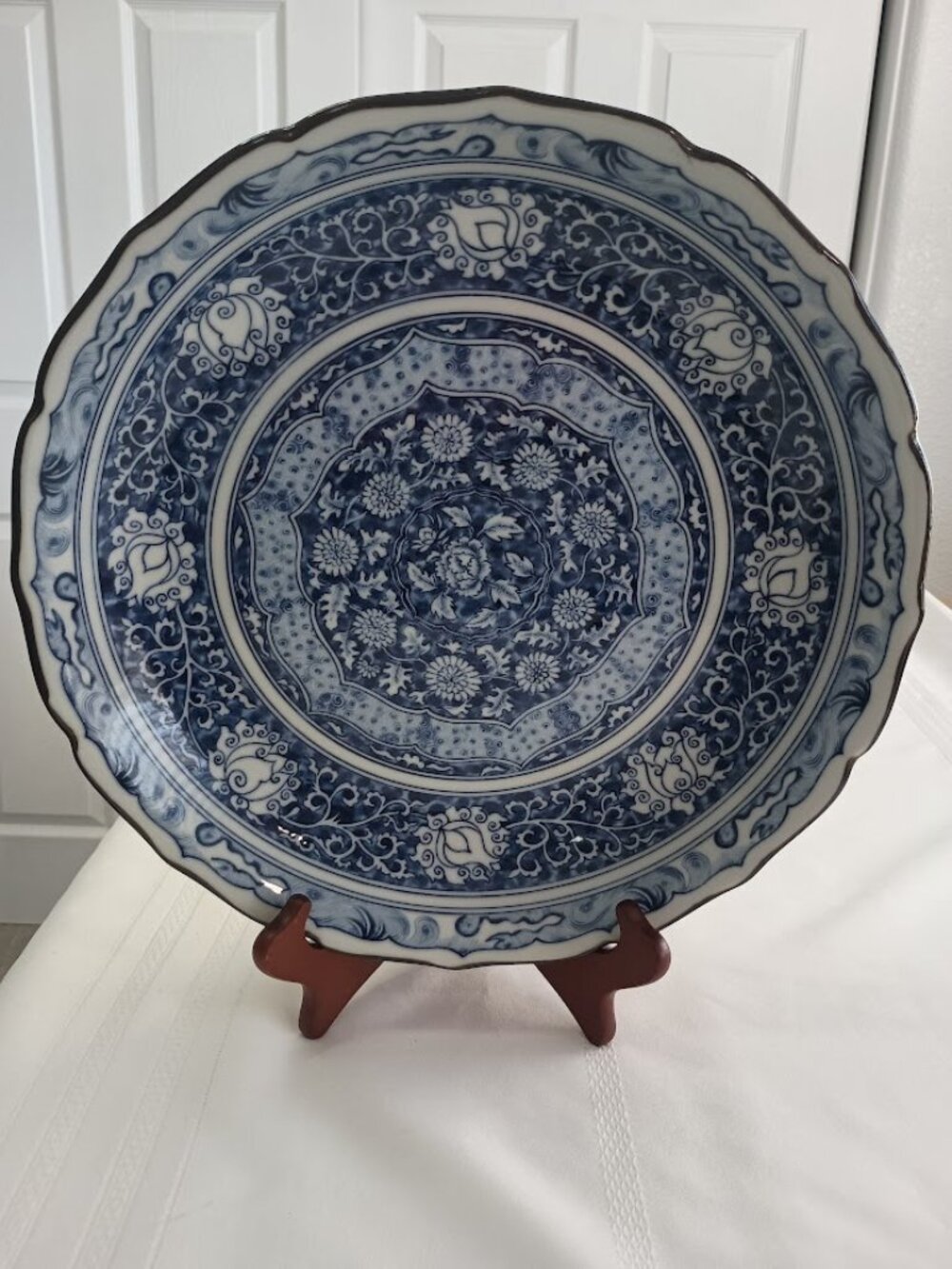 Vintage Toyo Japan Blue and White Decorative Plate - 12" with Scalloped Edge